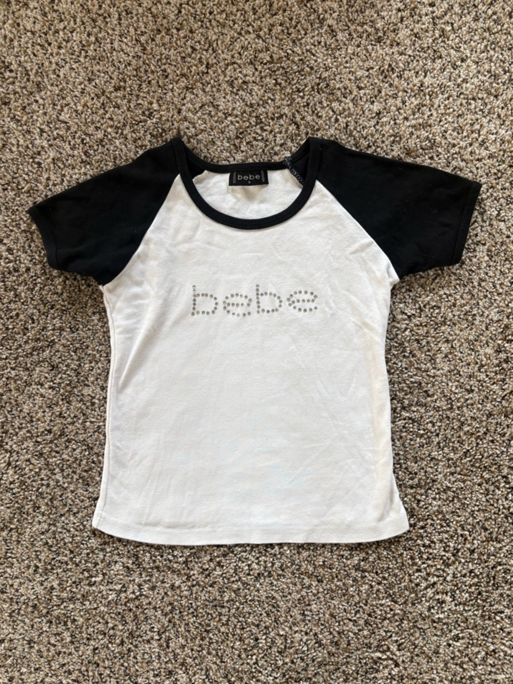 bebe White & Black Short Sleeve Tee with Rhinestone Logo